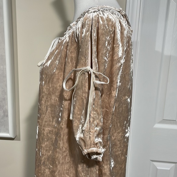 NWT hem & thread tan crushed velvet off-shoulder top. Romantic with bows. - Picture 5 of 12